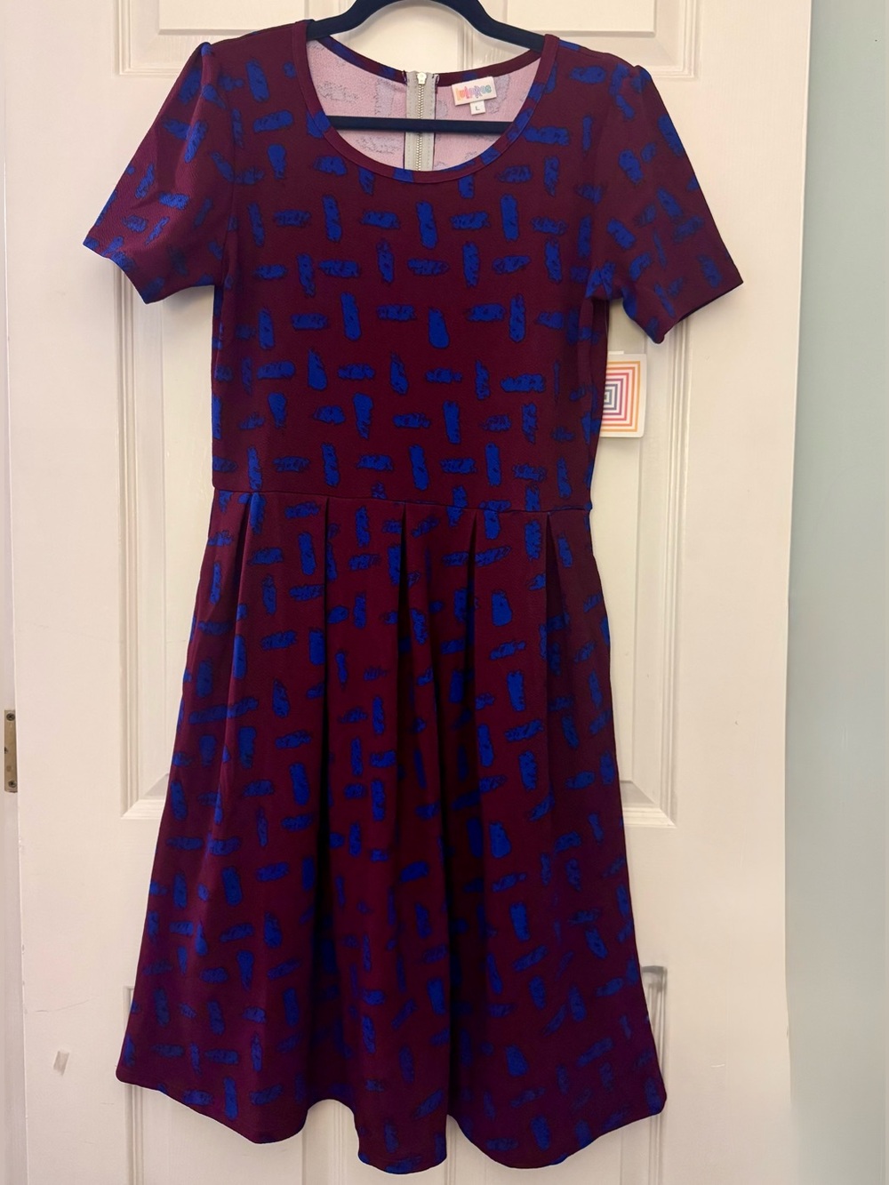 LuLaRoe Amelia Dress Burgundy Short Sleeve Skater Dress with Blue Swatch Pattern